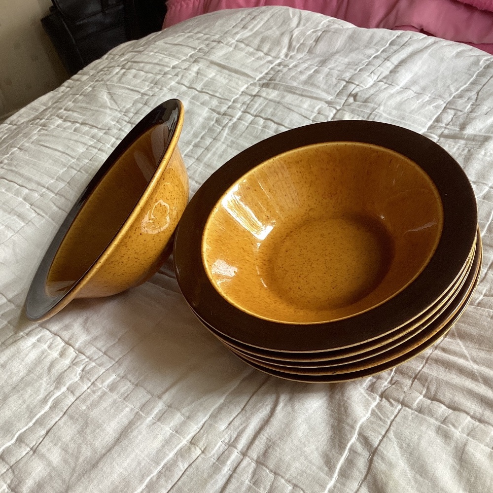SET OF 6 HOMER LAUGHLIN DECO-STONE SUN GOLD HEARTHSIDE RIMMED SOUP/CEREAL BOWLS